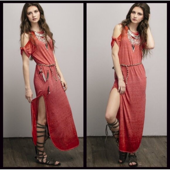 Free People Casual Black Cold Shoulder Side Slits Relaxed Boho Jersey Maxi Dress - Picture 3 of 14